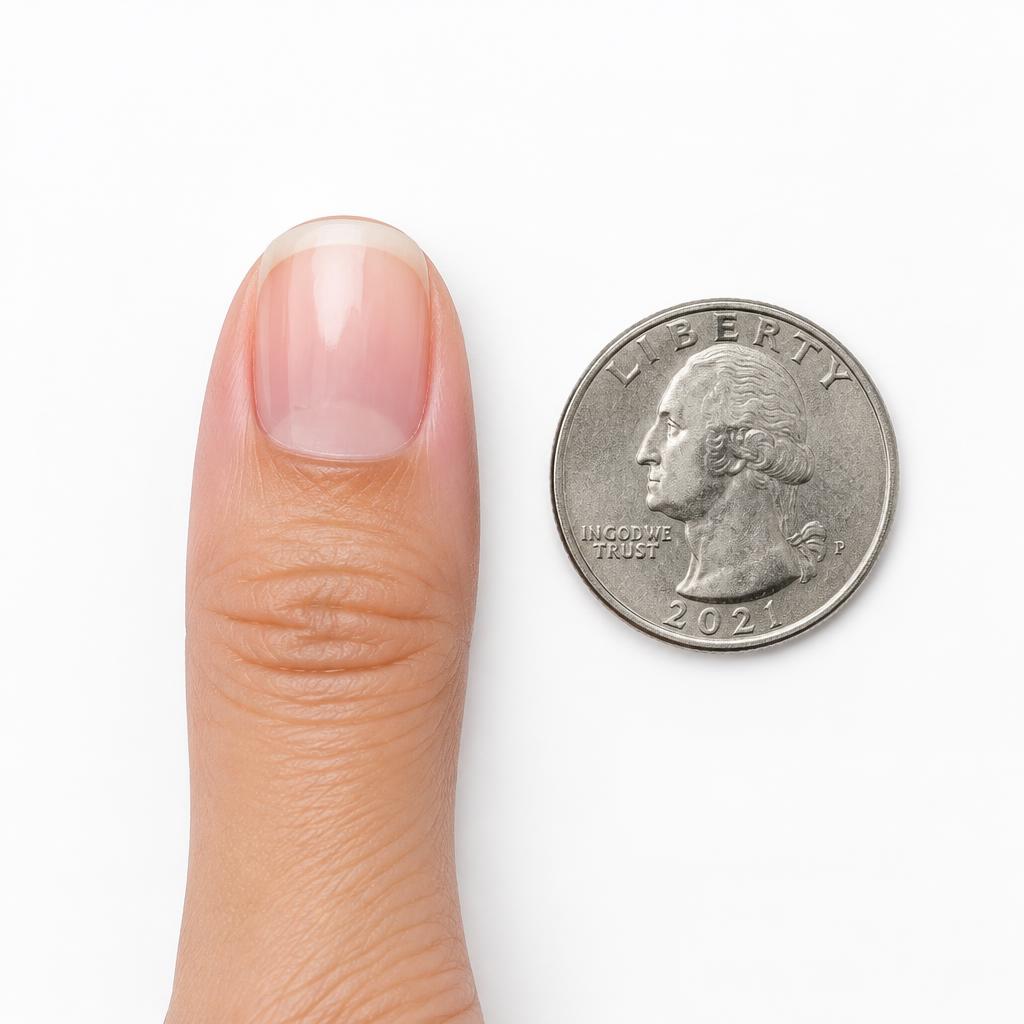 Example sizing photo: a thumb lying flat with a quarter next to it